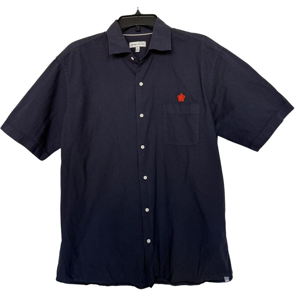 Peter Millar Size L Navy Blue Seersucker SS Button Down Shirt Flower Cotton